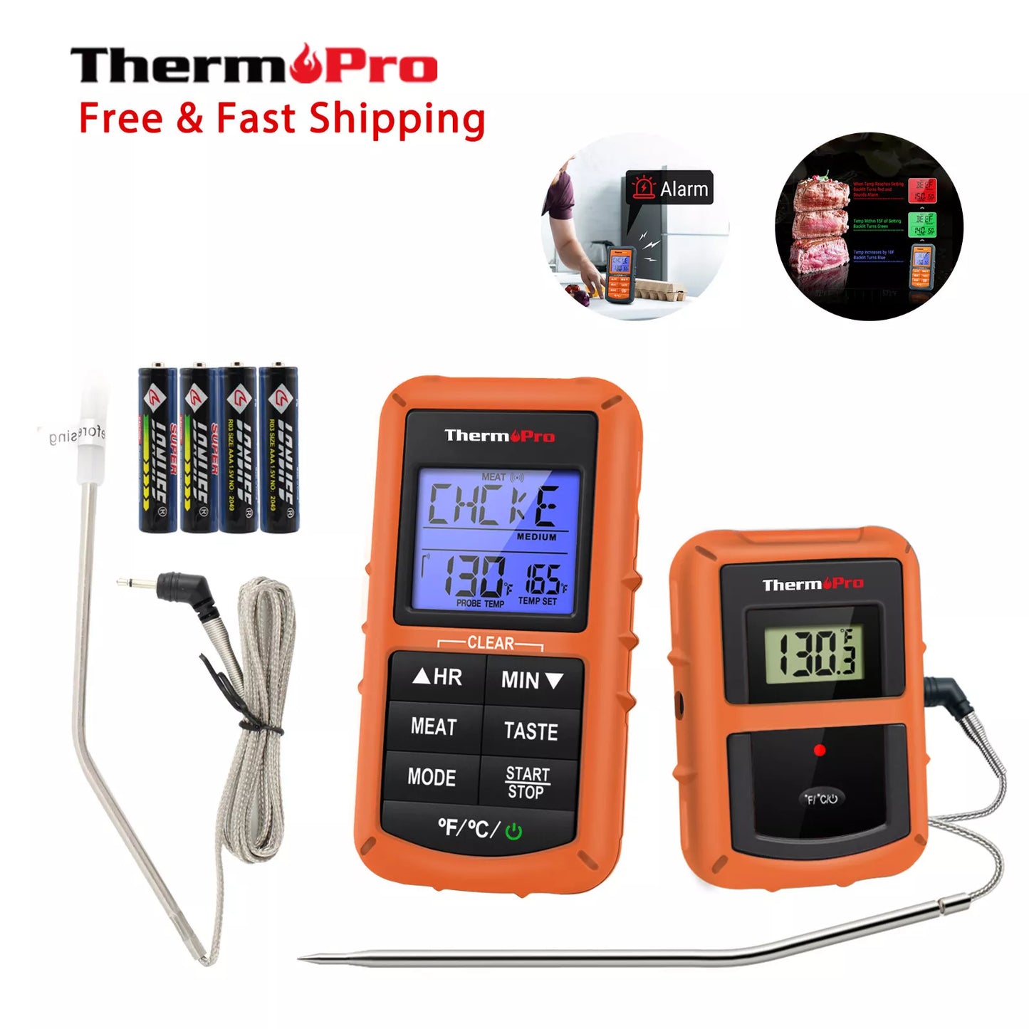 Remote Cooking Thermometer Digital BBQ Grill Oven Meat Wireless Smoker & Timer