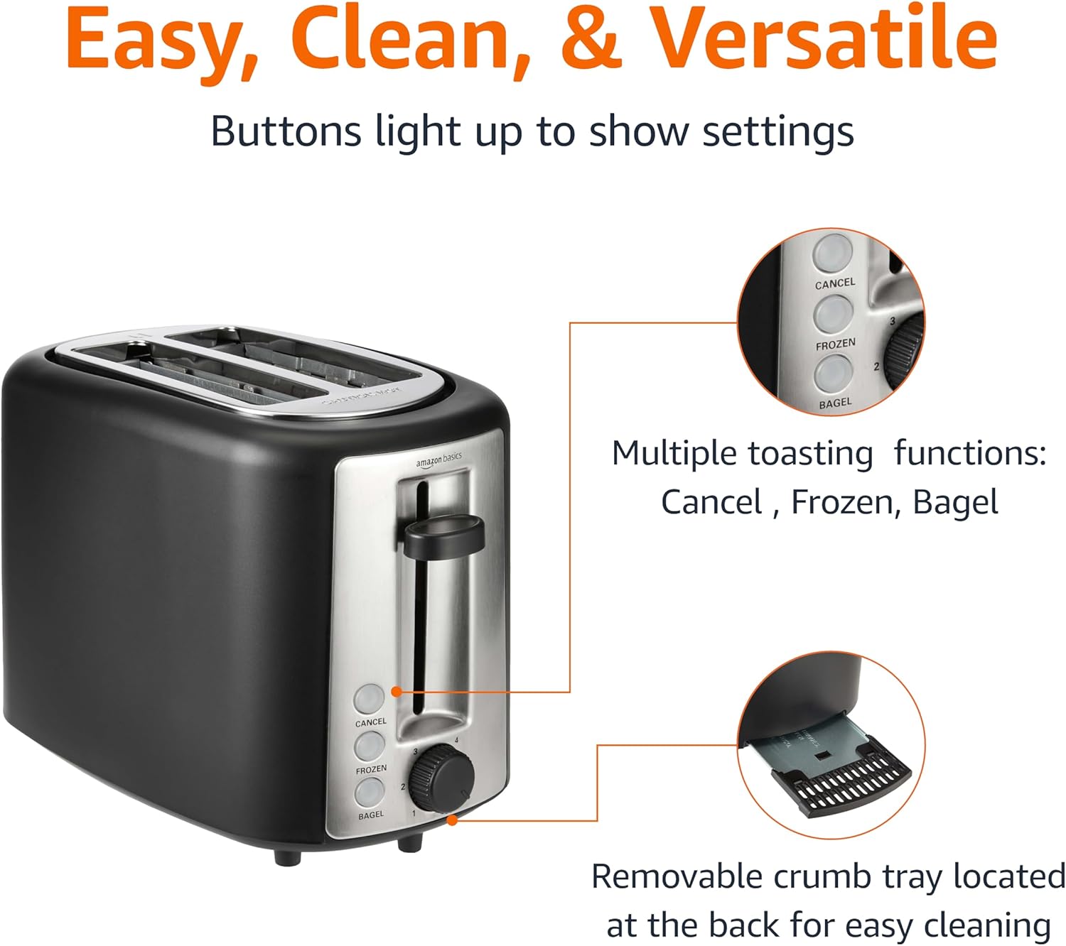 2 Slice Toaster, with 6 Browning Settings