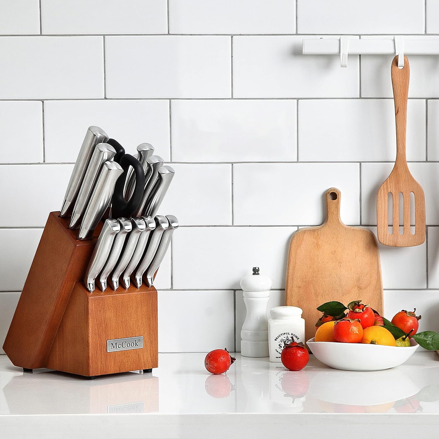 Knife Sets, German Stainless Steel Kitchen Knife Block Sets with Built-In Sharpener
